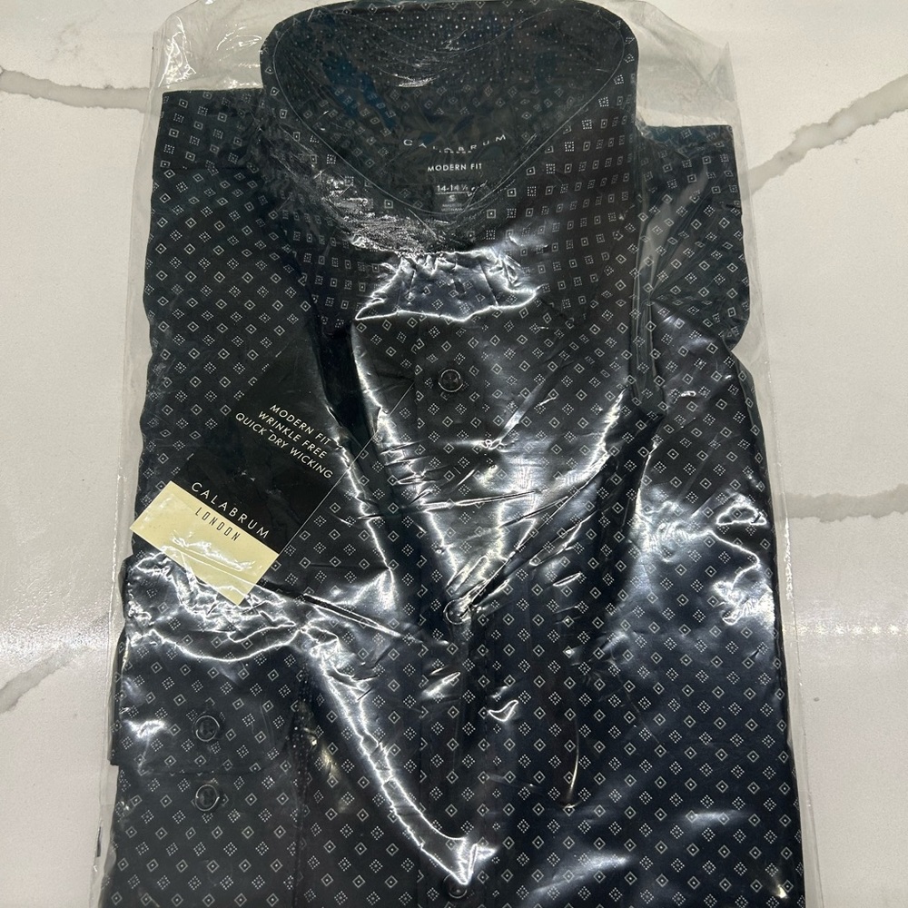 NWT Calabrian London Black Diamond Print Ling Sleeve Dress Shirt